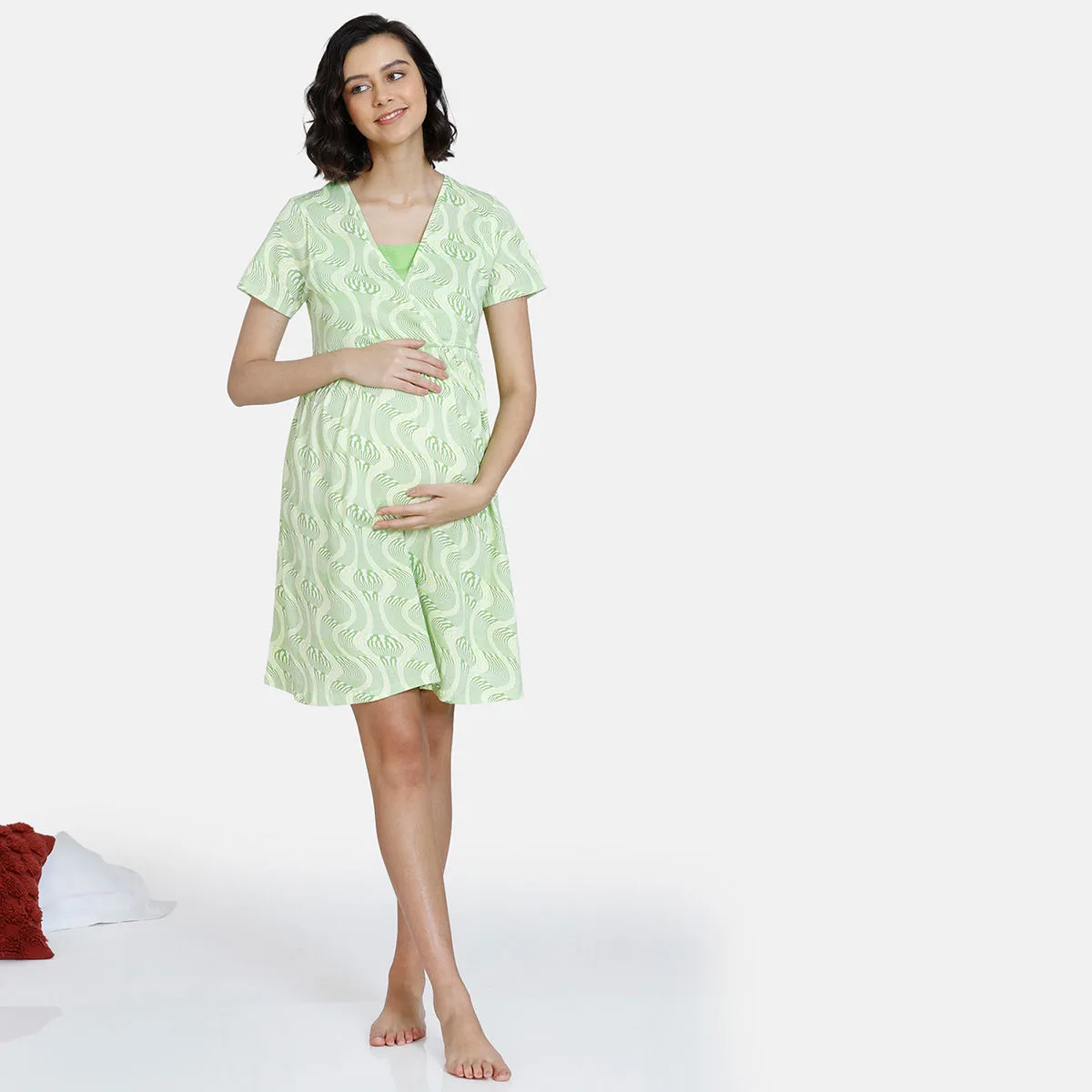 Zivame Optics Fun Maternity Knit Cotton Knee Length Nightdress -Jade Lime