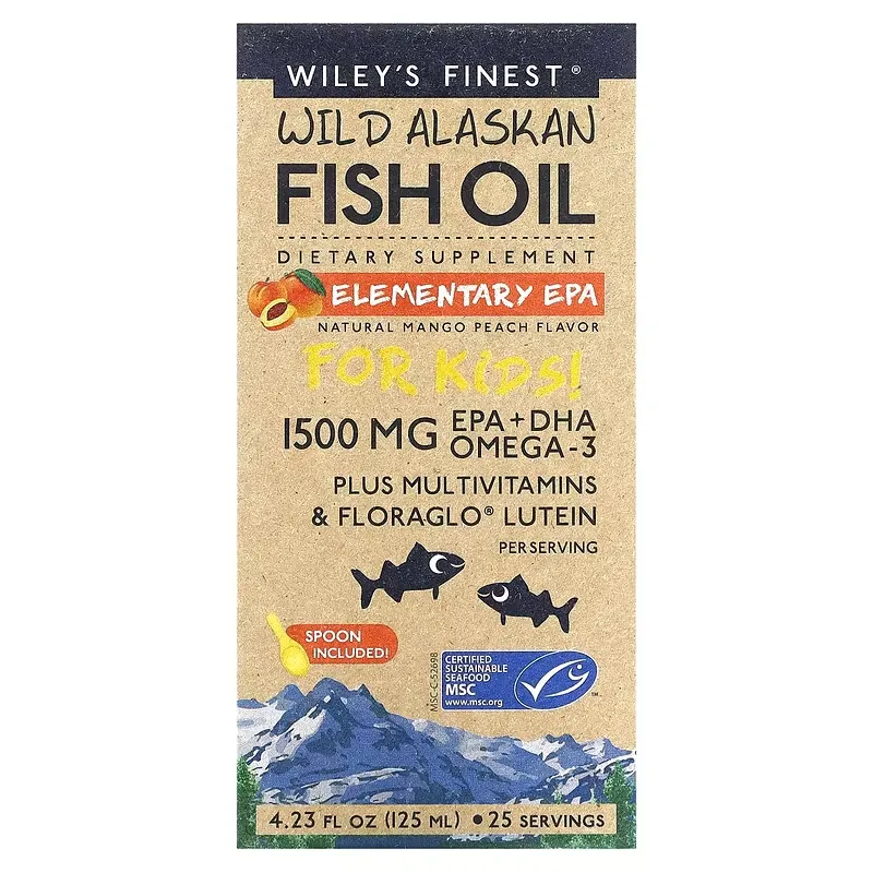 Wild Alaskan Fish Oil, For Kids!, Elementary EPA, Natural Mango Peach Flavor, 1,500 mg, 4.23 fl oz (125 ml)