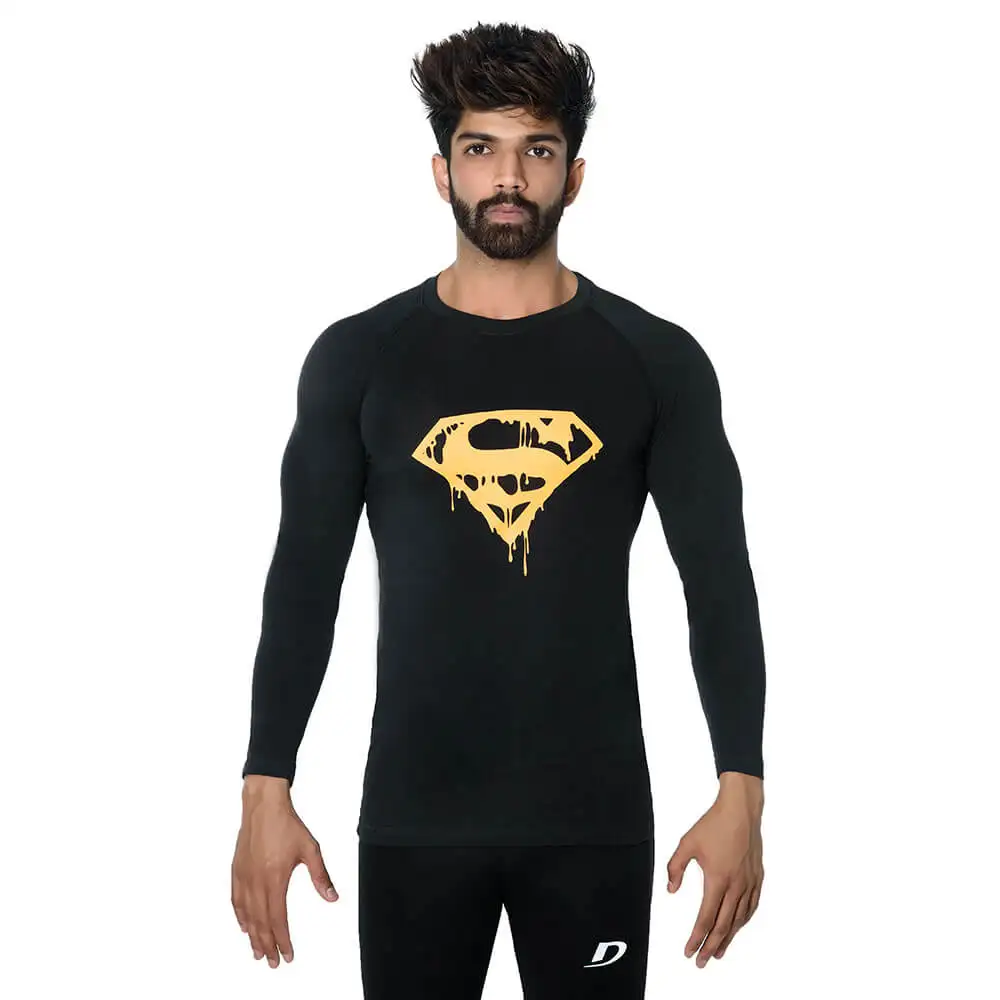 DK Active Wear Full Sleeve Gym T Shirt (Supermen),  Black and Yellow  Medium