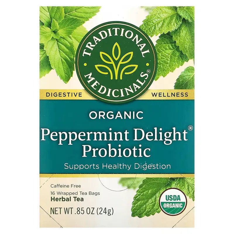 Organic Peppermint Delight Probiotic, Caffeine Free, 16 Wrapped Tea Bags, 0.05 oz (1.5 g) Each