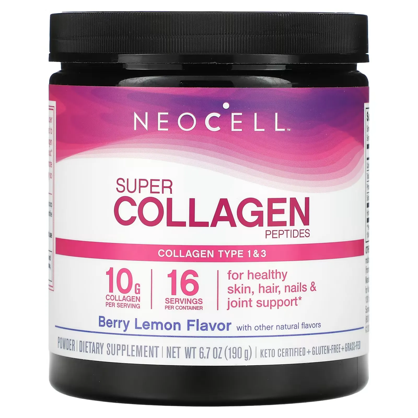 Super Collagen Peptides, Type 1 & 3, Berry Lemon, 6.7 oz (190 g)