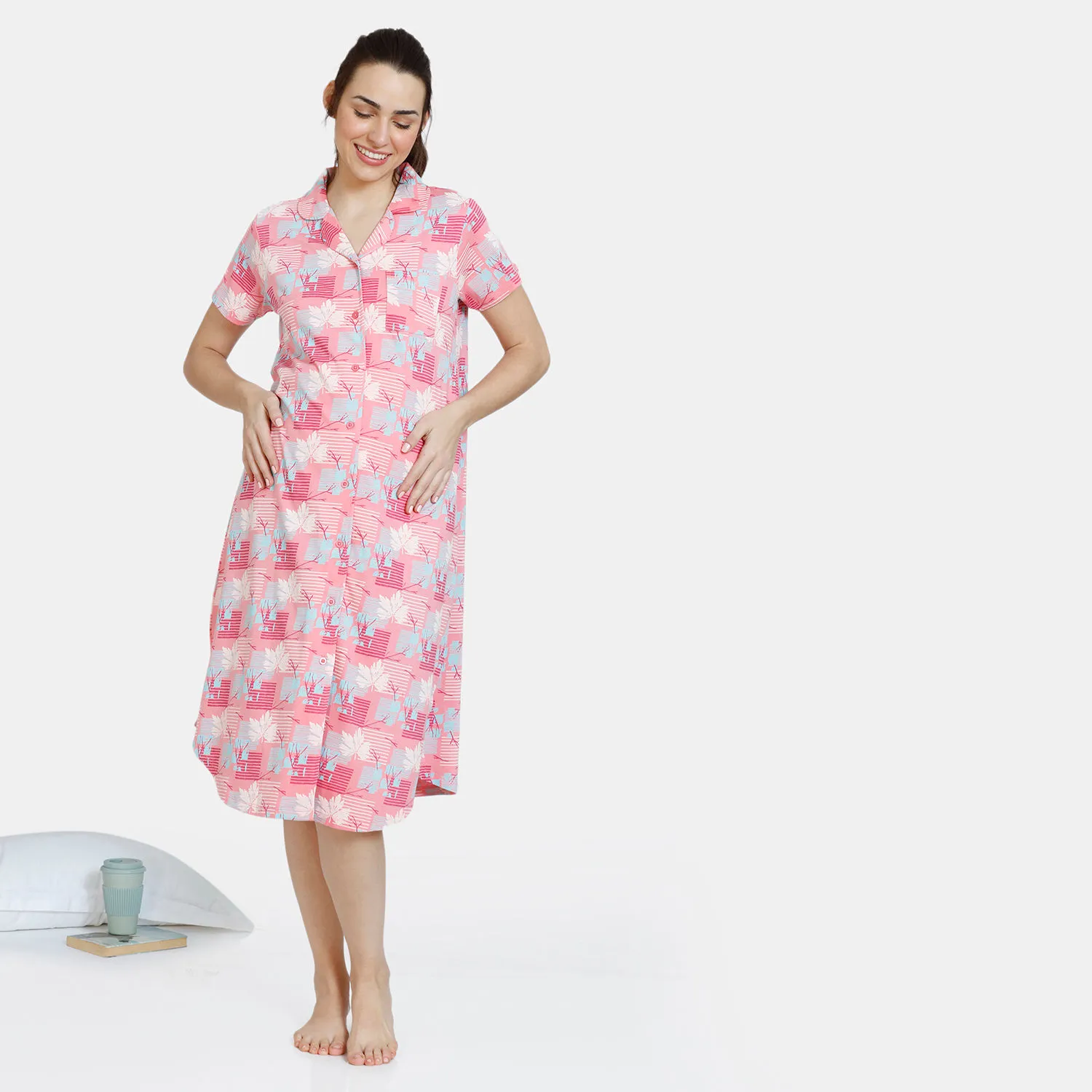 Zivame Maternity Knit Cotton Mid Length Nightdress - Pink Icing (S)