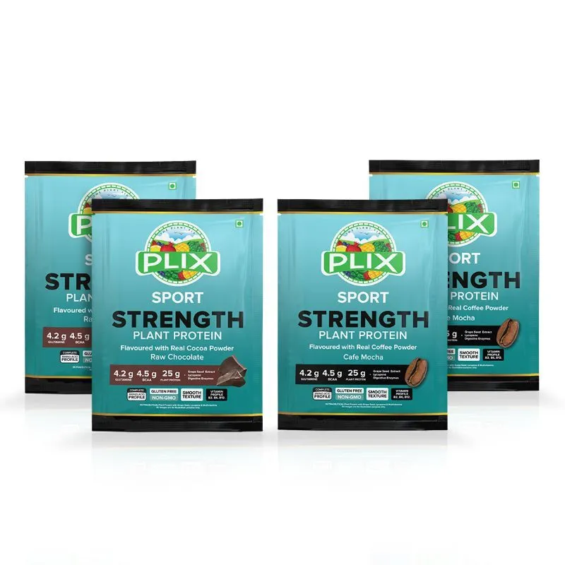 Plix Strength Post Workout Plant Protein Powder, Chocolate And Cafe Mocha Flavour - Pack Of 4 Sachets