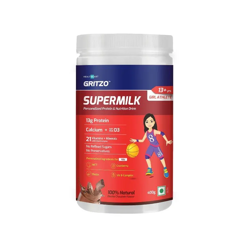 Gritzo Supermilk Athlete+ For 13+ Yr Girls Protein & Nutrition Drink, Natural Double Chocolate