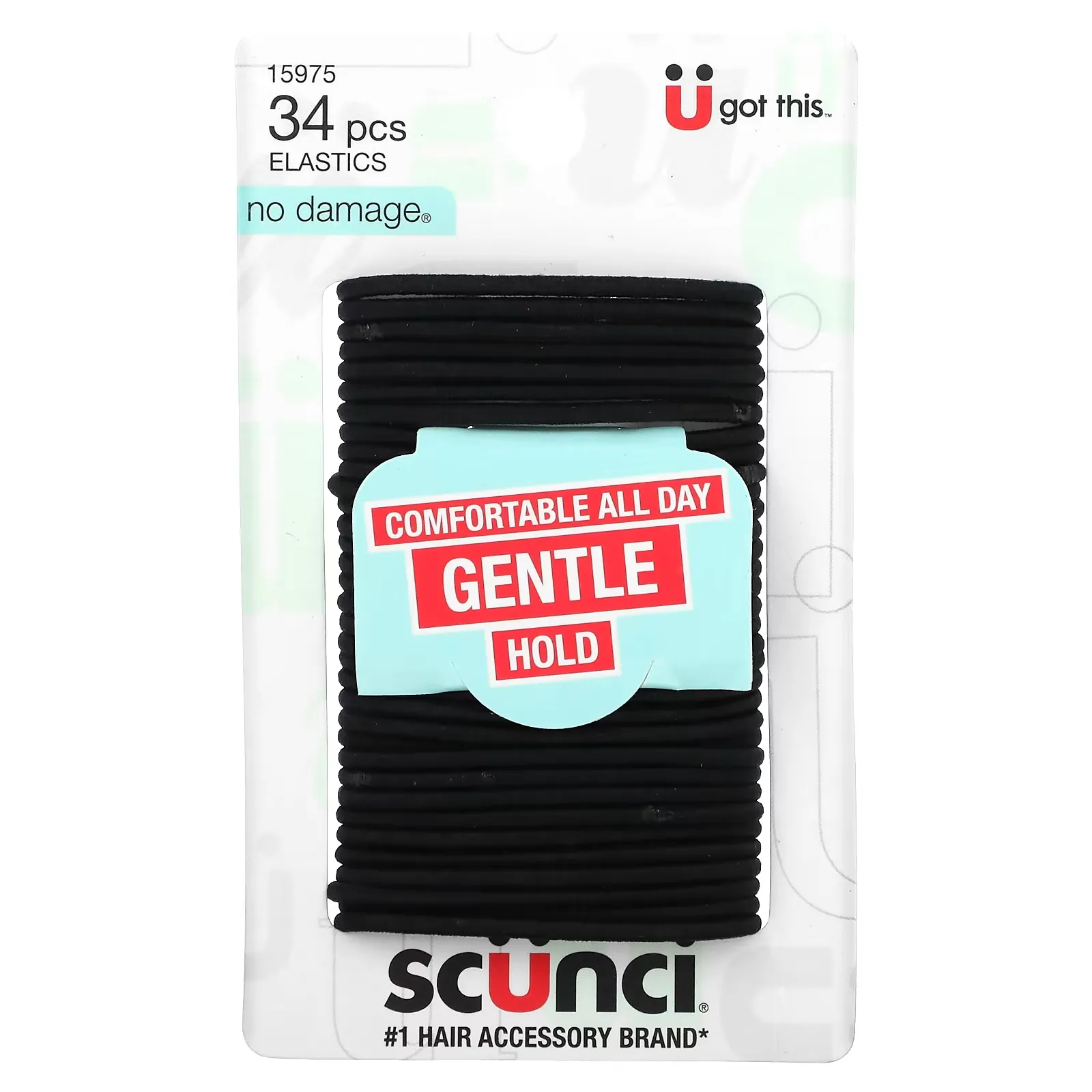 No Damage Elastics, Comfortable, All Day Gentle Hold, Black, 34 Pieces