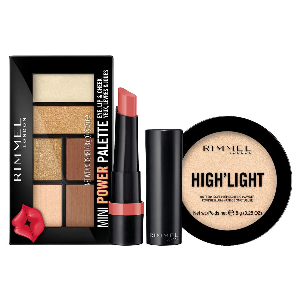 Rimmel London Combo Eye Shadow Palette- Sassy, Highlighter- Stardust & Matte Lipstick- Peach Petal