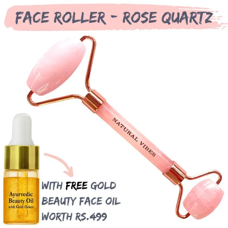 Natural Vibes Rose Quartz Roller & Massager with FREE Gold Beauty Elixir Oil for Face, Neck and Under Eye