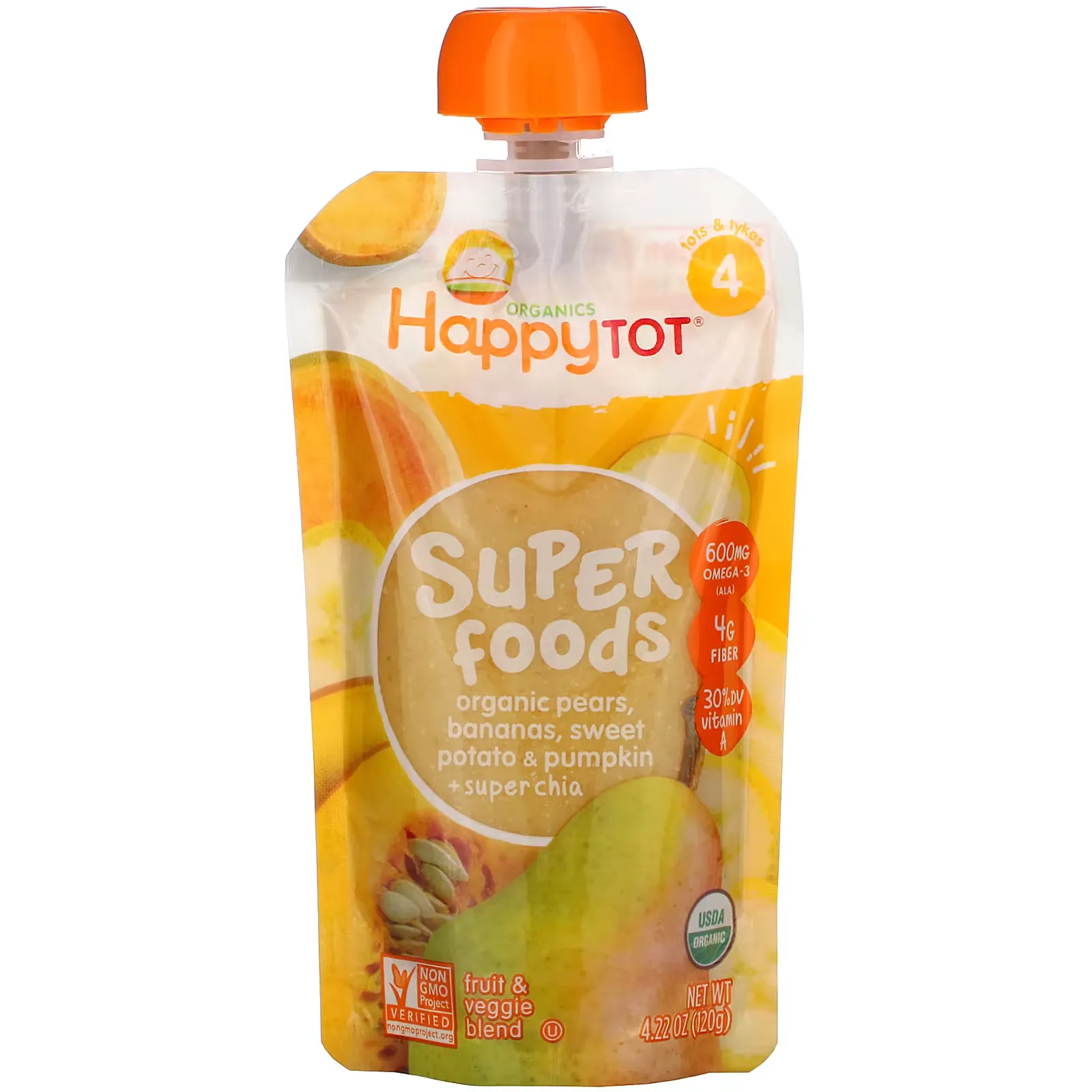 Happy Tot, Superfoods, Stage 4, Organic Pears, Bananas, Sweet Potato & Pumpkin + Super Chia, 4.22 oz (120 g)