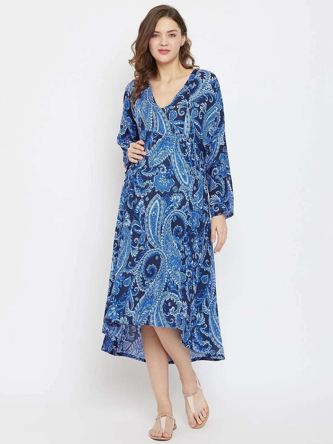 The Kaftan Company Paisleys Knee Length Maternity And Feeding Dress With Hi-low Hem - Navy Blue