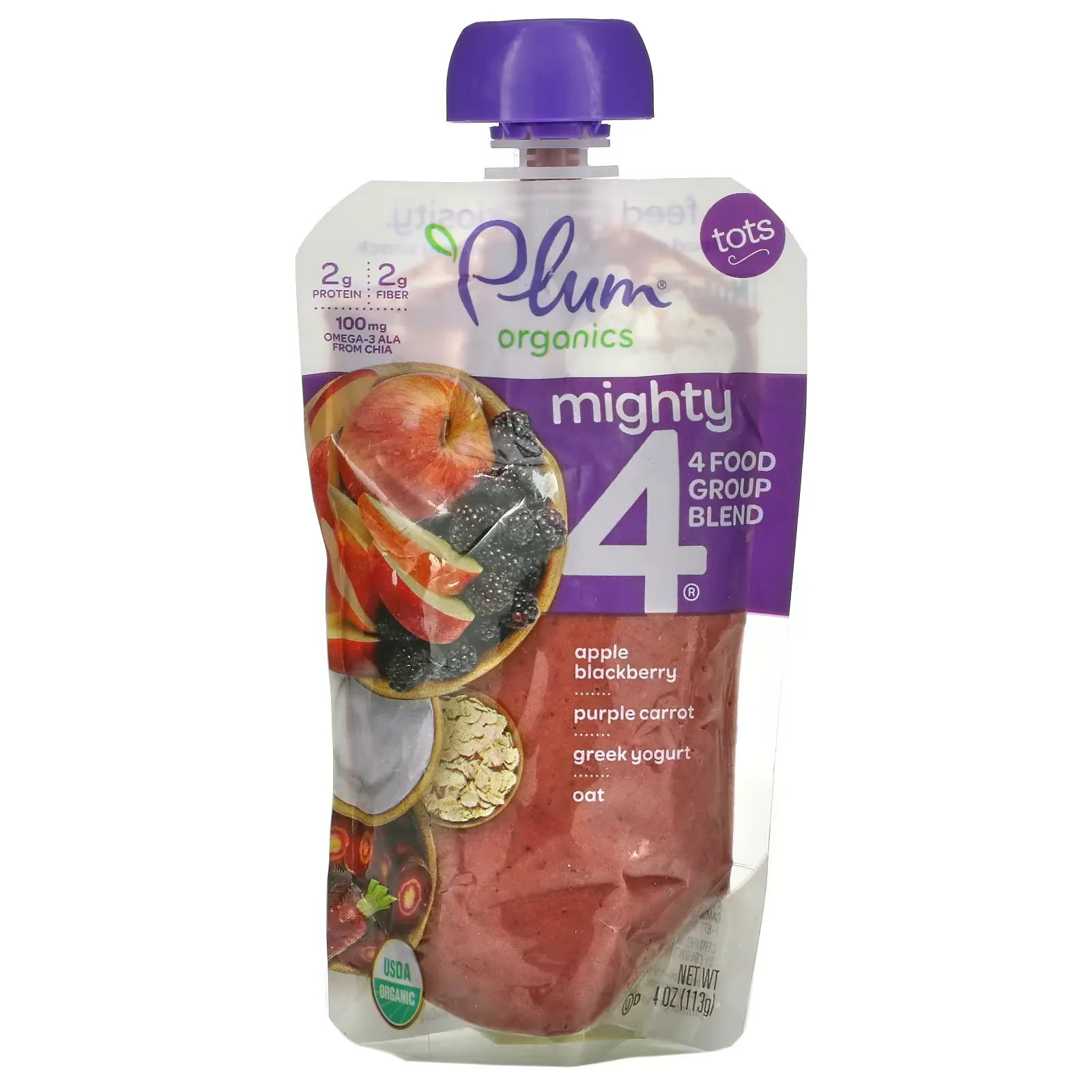 Mighty 4, 4 Food Group Blend, Tots, Apple, Blackberry, Purple Carrot, Greek Yogurt, Oat, 4 oz (113 g)