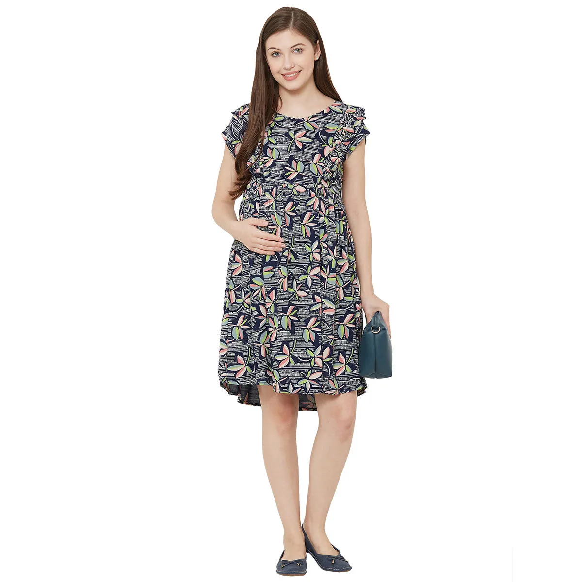 Mystere Paris Chic Maternity Floral Dress - Blue