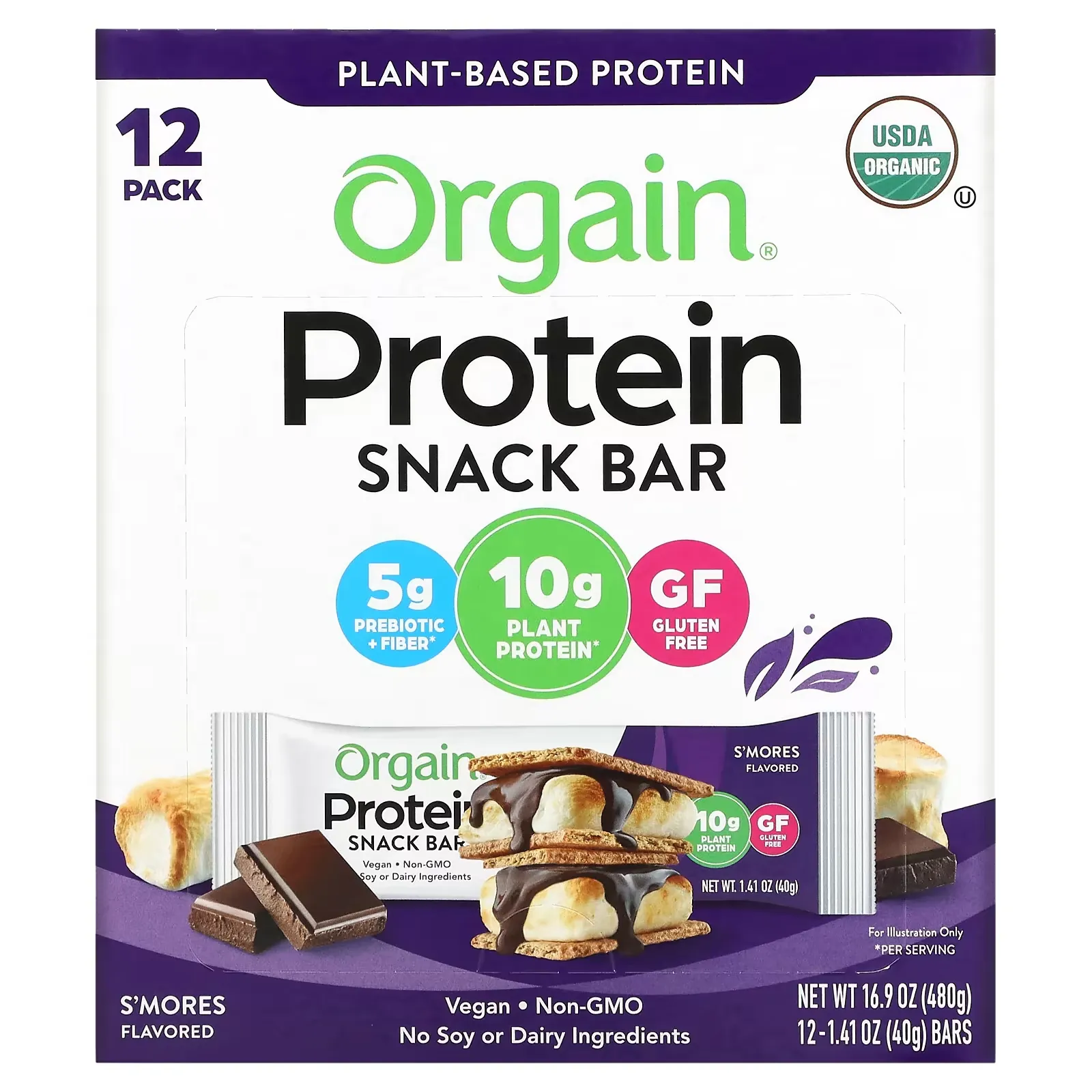 Organic Plant-Based Protein Snack Bar, S'mores, 12 Bars, 1.41 oz (40 g) Each