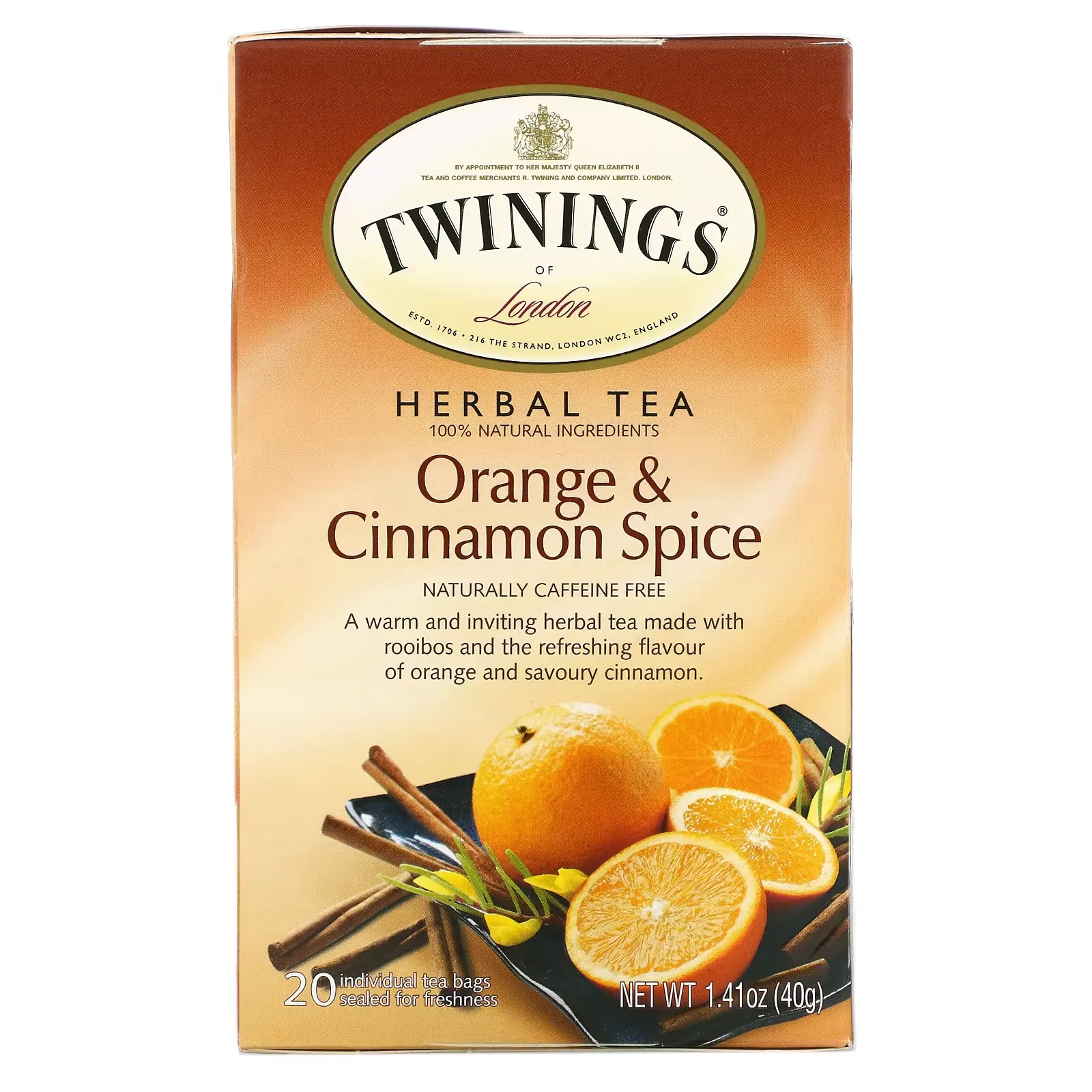 Herbal Tea, Orange & Cinnamon Spice, Caffeine Free, 20 Tea Bags, 1.41 oz (40 g)