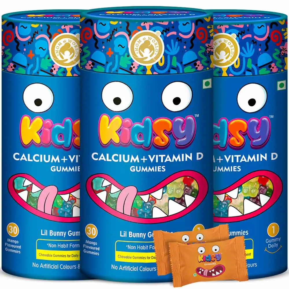 Mom & World Kidsy Calcium + Vitamin D,  Mango (Pack of 3)  30 gummies