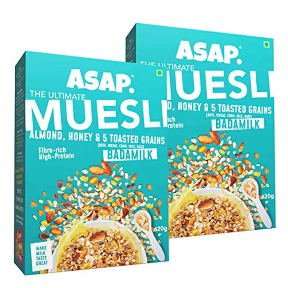 ASAP Ultimate Breakfast Multigrain Muesli (Pack of 2),  420 g  BADAMILK (Almond  Honey & 5 Toasted Grains)