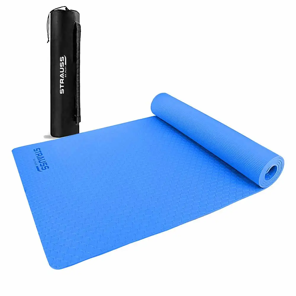 Strauss Anti Skid TPE Yoga Mat with Carry Bag,  Sky Blue  8mm