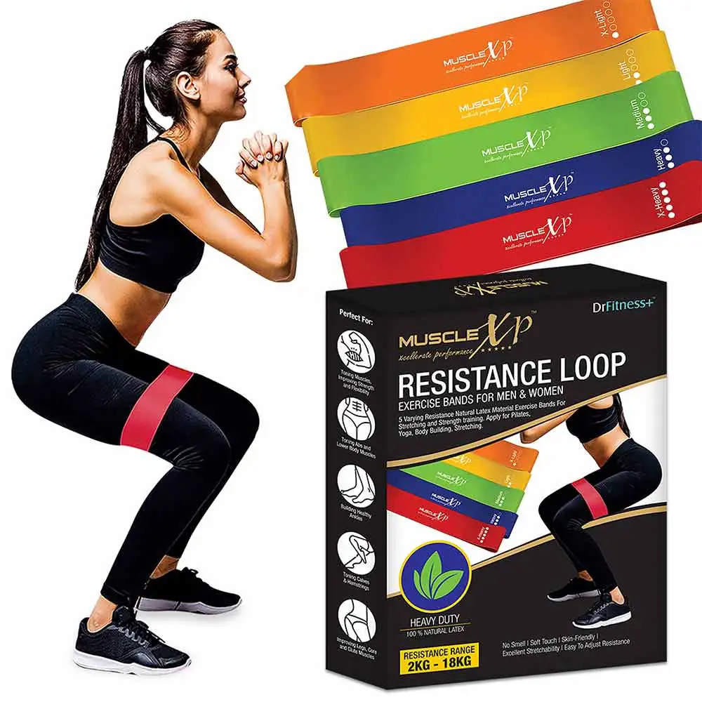 MuscleXP Resistance Loop Band Set of 5,  Assorted  X Heavy, Heavy, Medium, Light, X Light