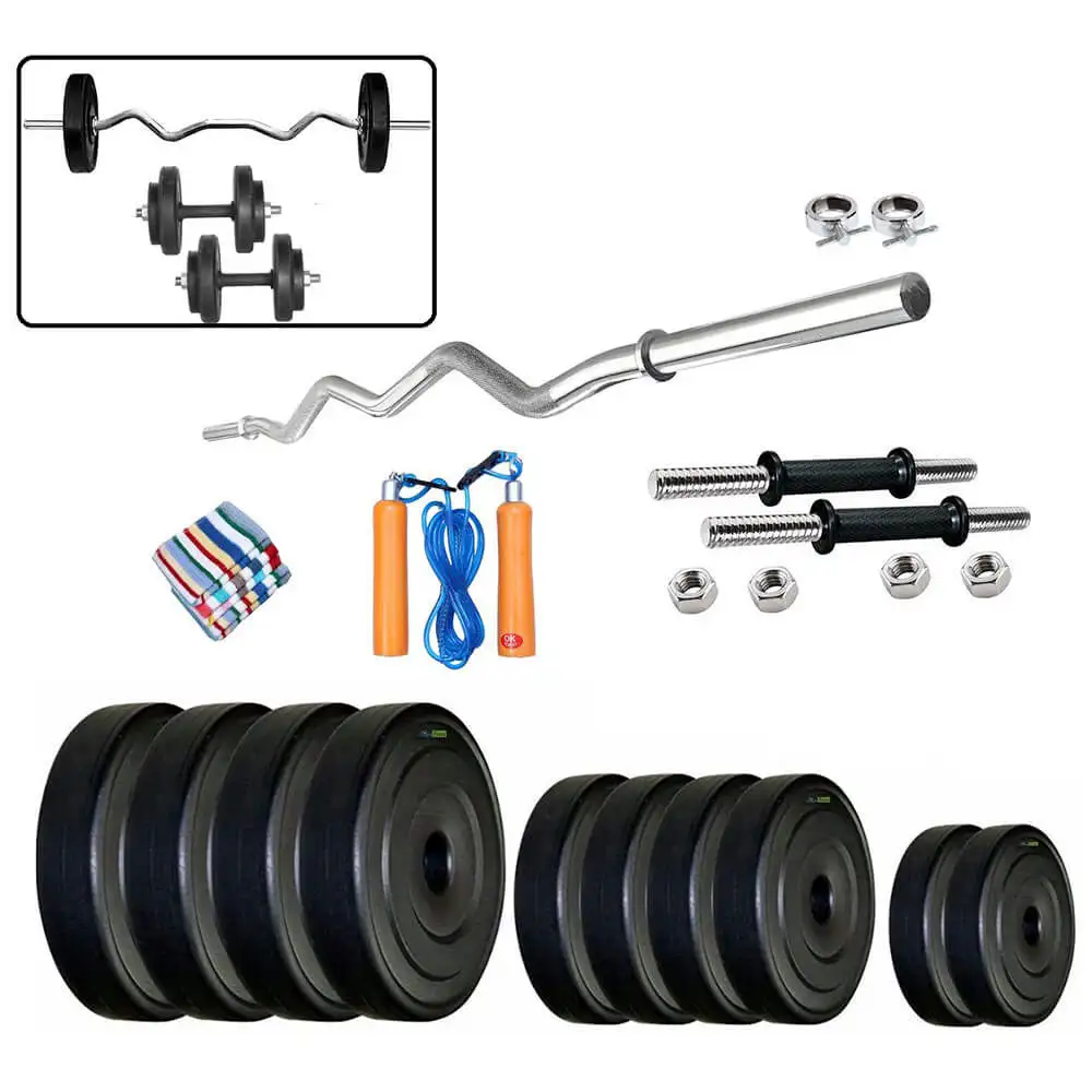 Body Maxx Home Gym Set Rubber Plates + Dumbells Rods + Gloves + Gripper + 3 FT EZ CURL BAR + Locks (30 Kg)