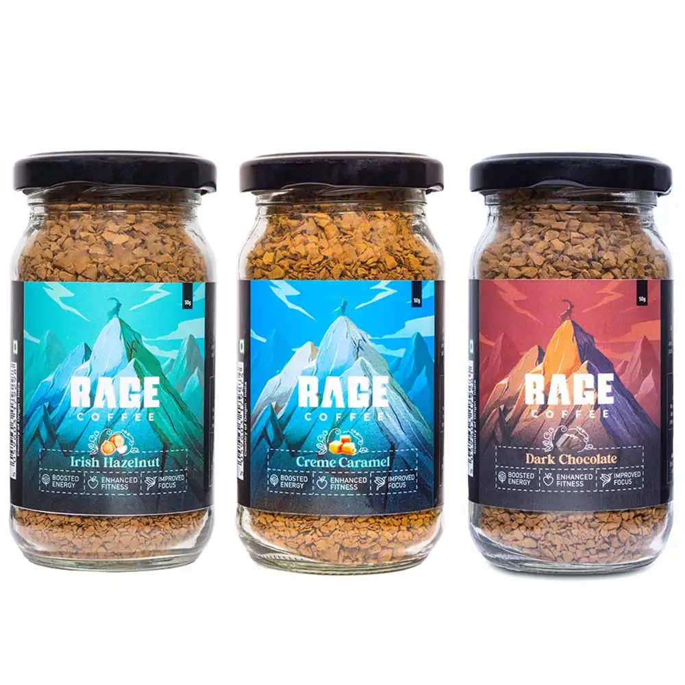 Rage Coffee Premium Arabica Instant Coffee Combo Pack of 3,  50 g  Irish Hazelnut, Dark Chocolate & Creme Caramel