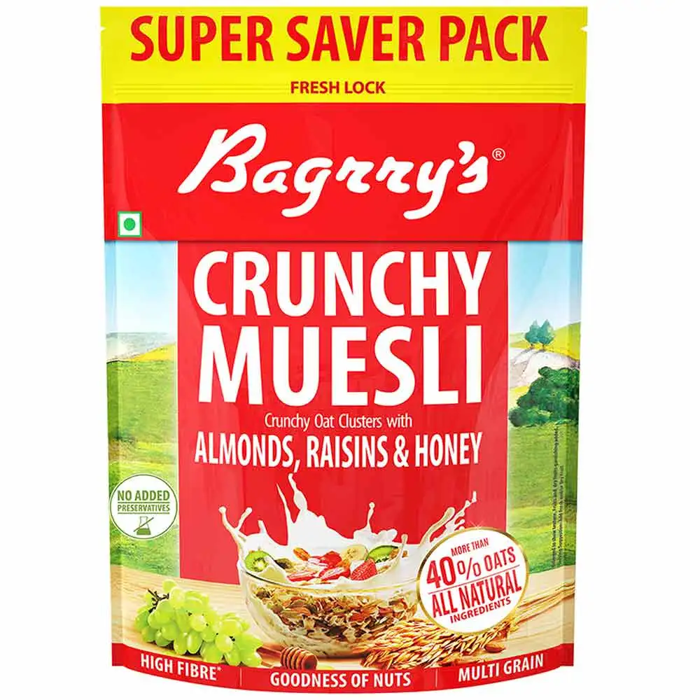 Bagrrys Crunchy Muesli with Almonds, Raisins & Honey,  750 g  40% Fibre Rich Oats