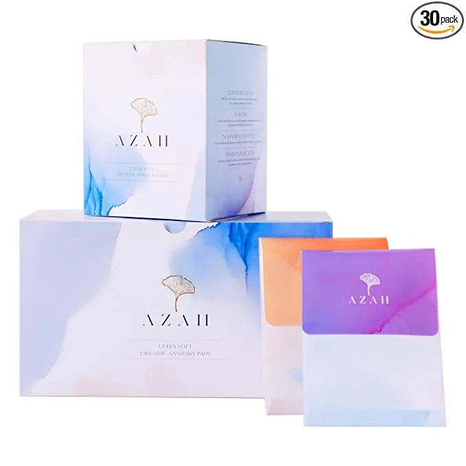 Azah Rash-free Organic Sanitary Pads (Box of 30 Pads : 15 Regular + 15 XL - With disposal bags)