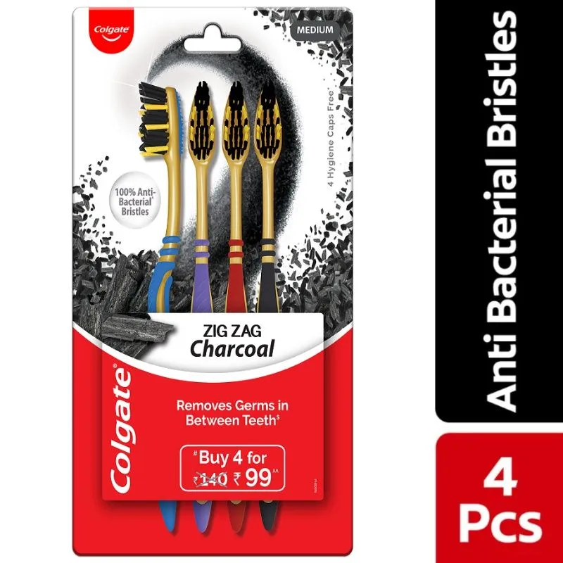 Colgate ZigZag Charcoal Medium Bristle Toothbrush - 4 Pcs