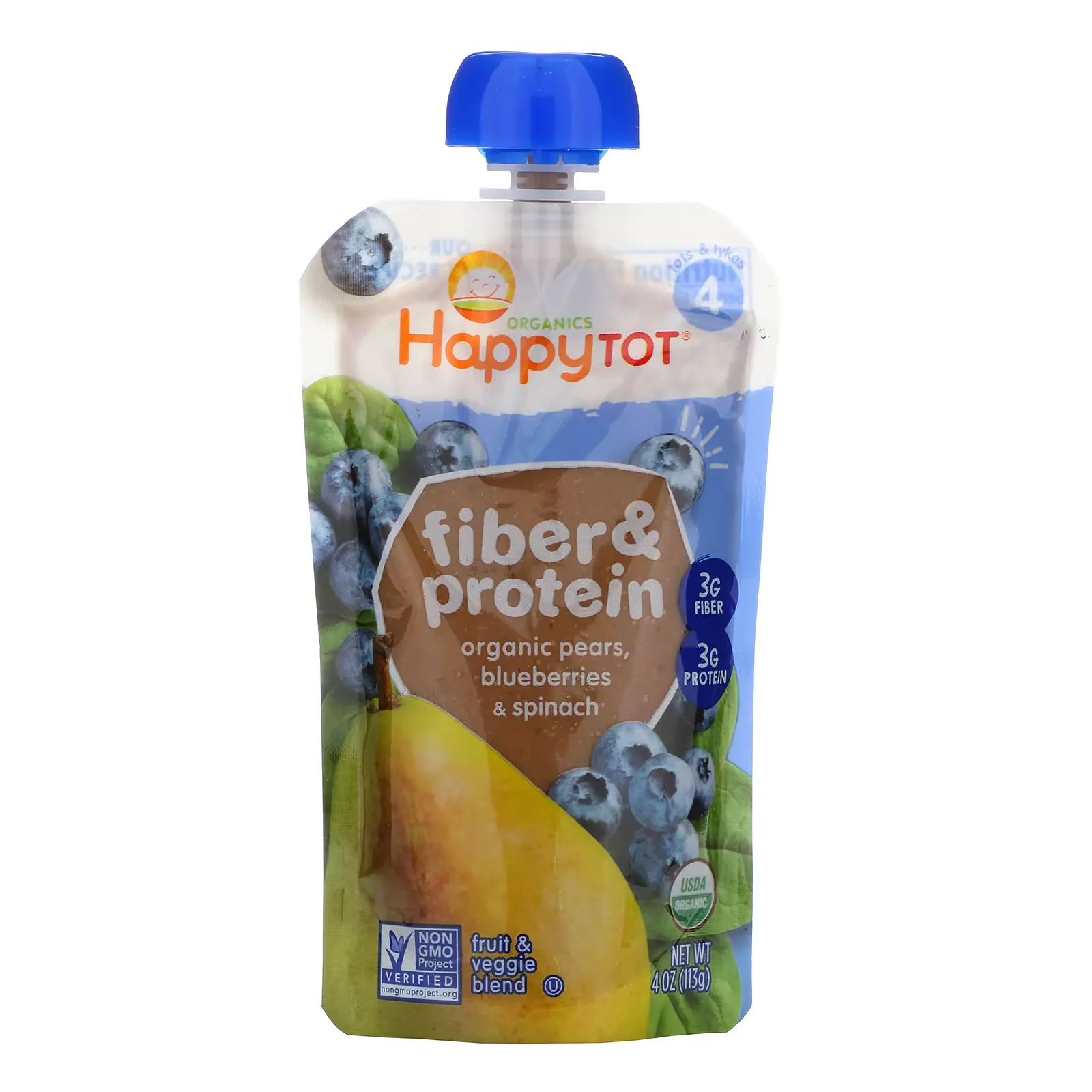 Happy Tot, Fiber & Protein, Organic Pears, Blueberries & Spinach, 4 oz (113 g)