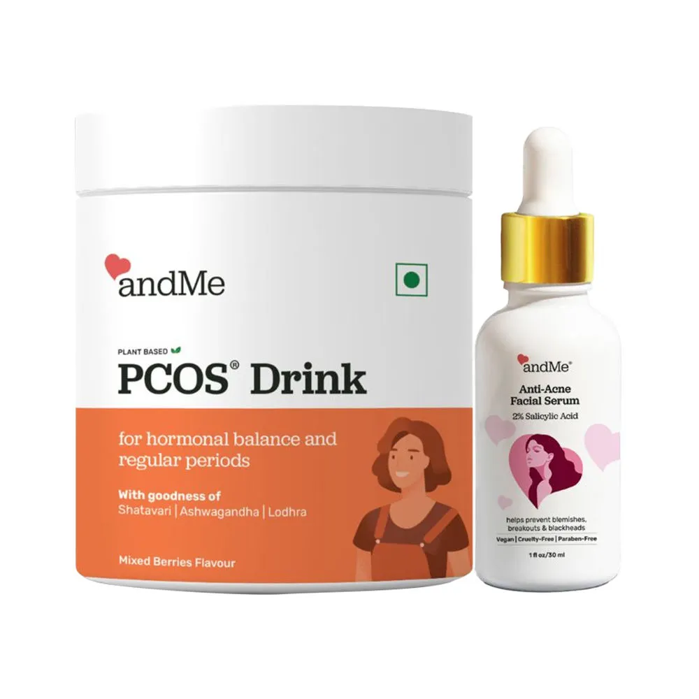 andMe PCOS PCOD Powder (Mixed Berries) + Anti-Acne Facial Serum 2% Salicylic Acid (Combo Pack)