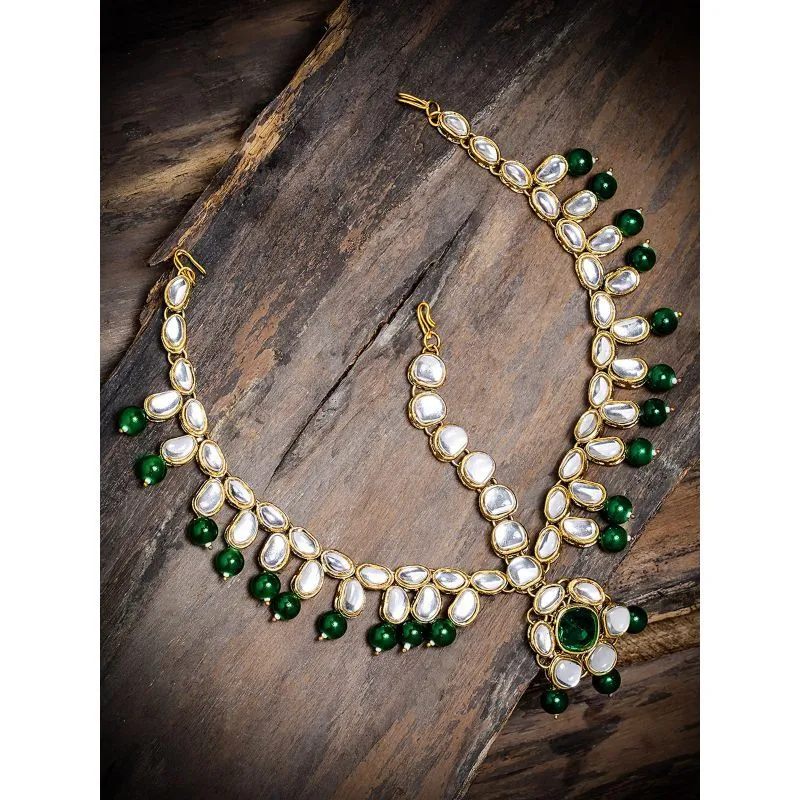 Zaveri Pearls Kundan & Green Beads Bridal Matha Patti Style Maang Tikka - ZPFK9001