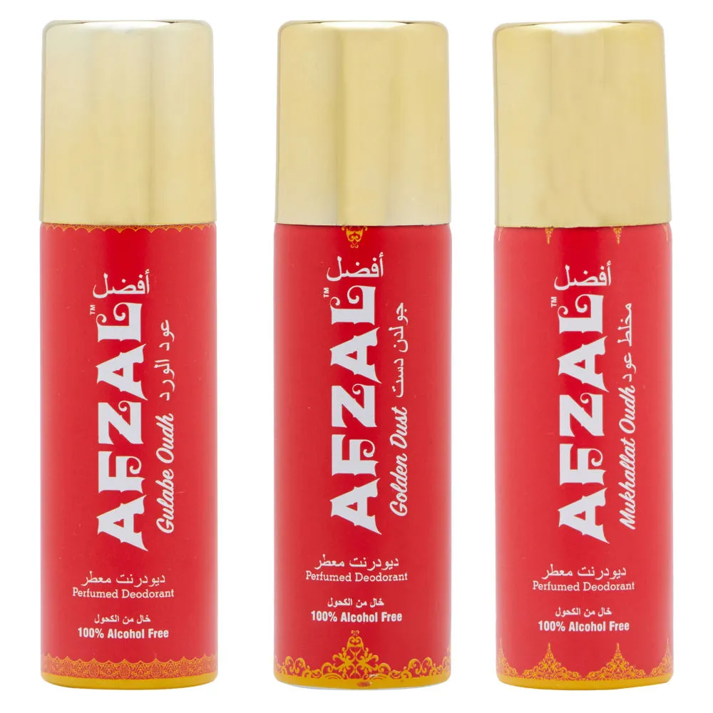 Afzal Non Alcoholic Mukhallat Oudh Gulabe Oudh & Golden Dust Combo Deodorants - Pack Of 3