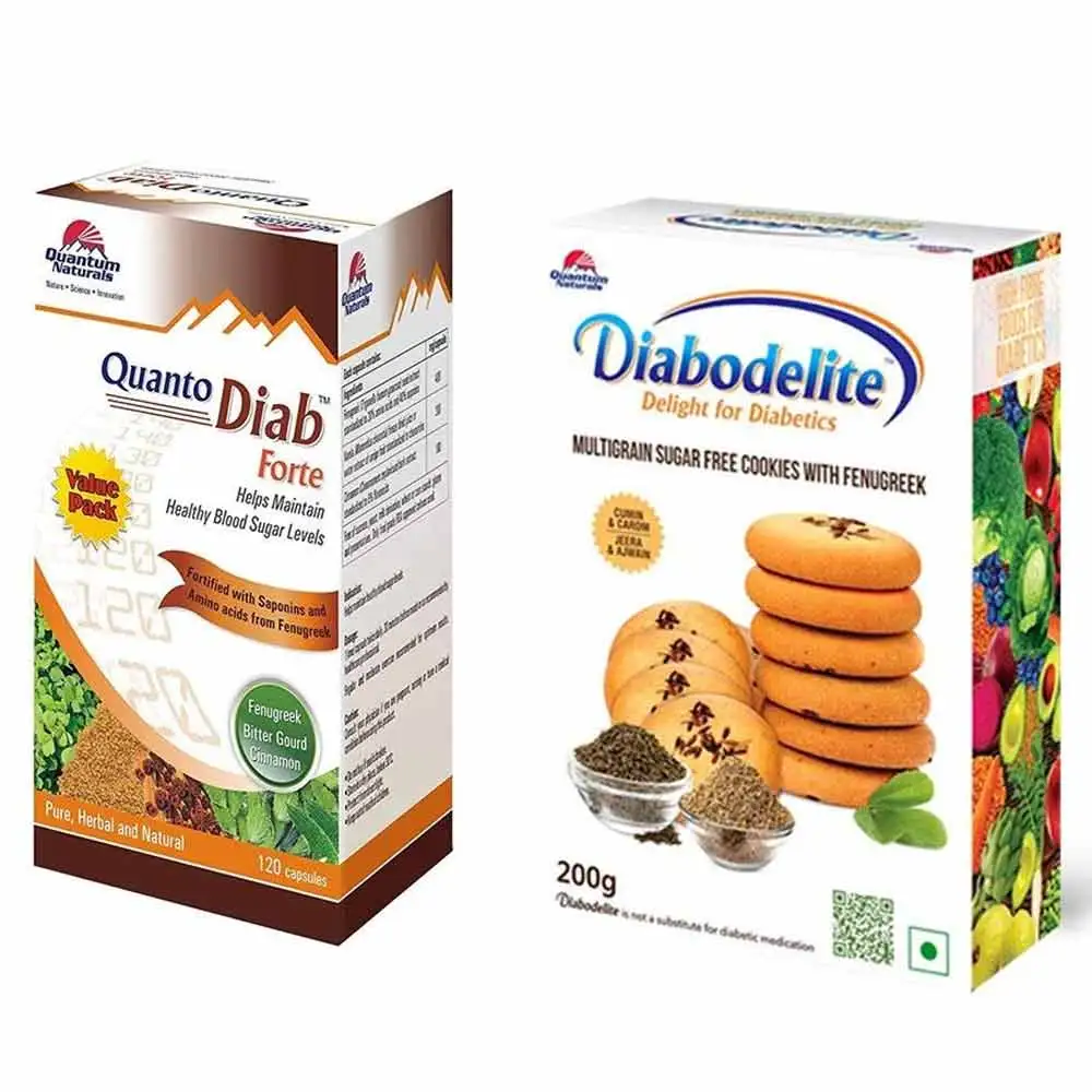 Quantum Naturals Quanto Diab Forte 120 Capsules + Diabodelite Jeera & Ajwain Flavour Cookies Combo,  2 Piece(s)/Pack