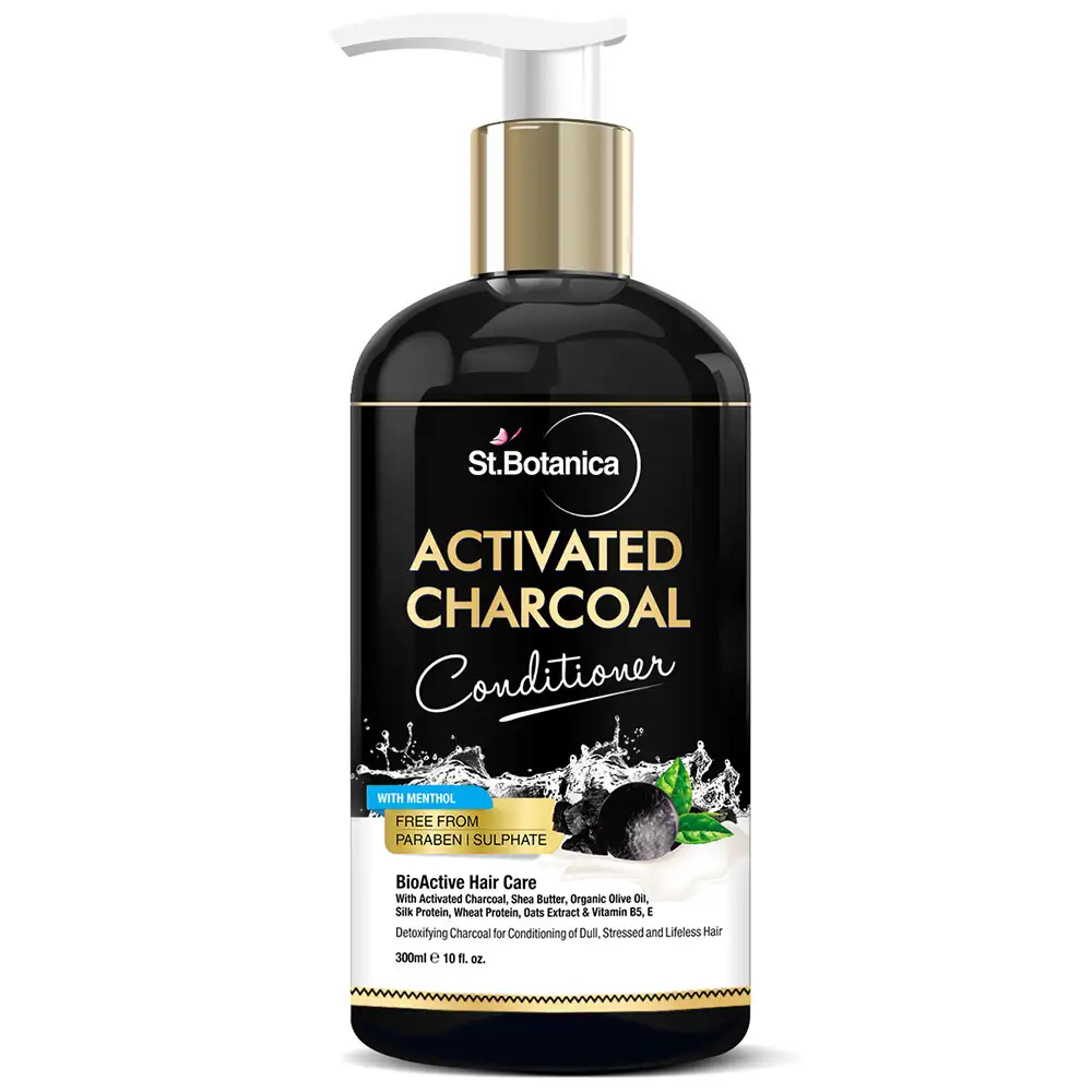 St.Botanica Activated Charcoal Conditioner,  300 ml  Deeply Purifies and Removes Impurities, Refreshing Menthol with Organic Olive Oil, Shea Butter, Oats & Wheat Protein