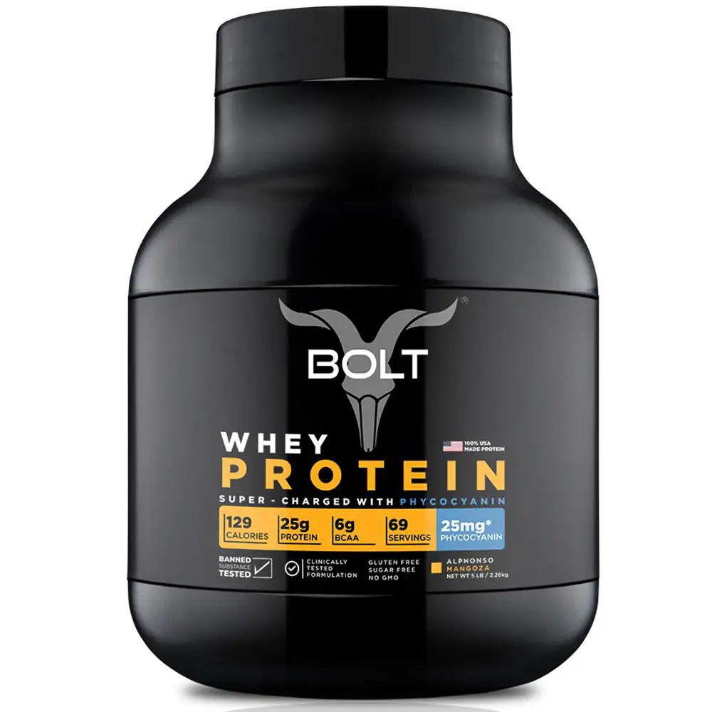 Bolt Whey Protein Super-Charged With Phycocyanin,  5 lb  Alphonso Mangoza