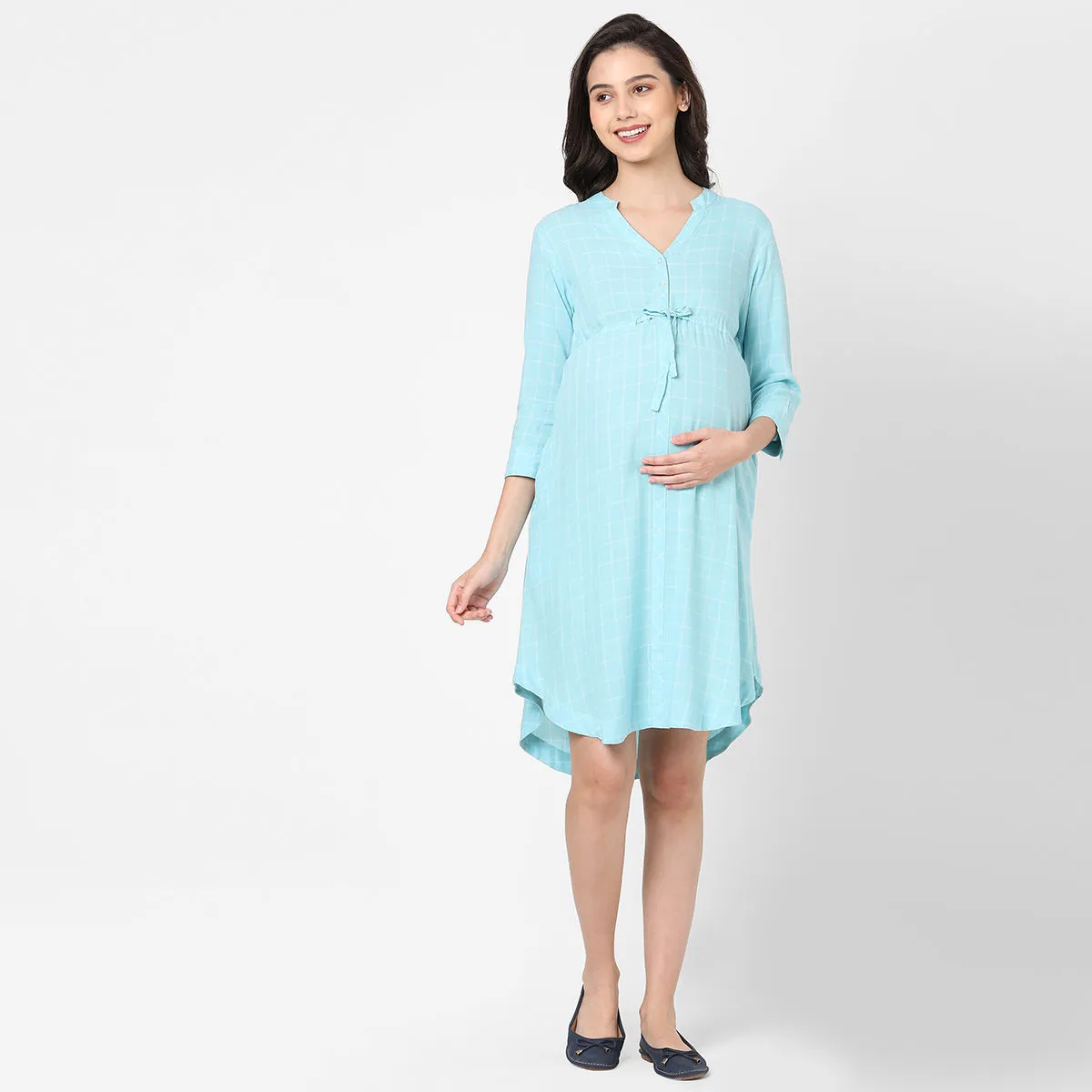 Mystere Paris Mint Checked Maternity Dress - Blue