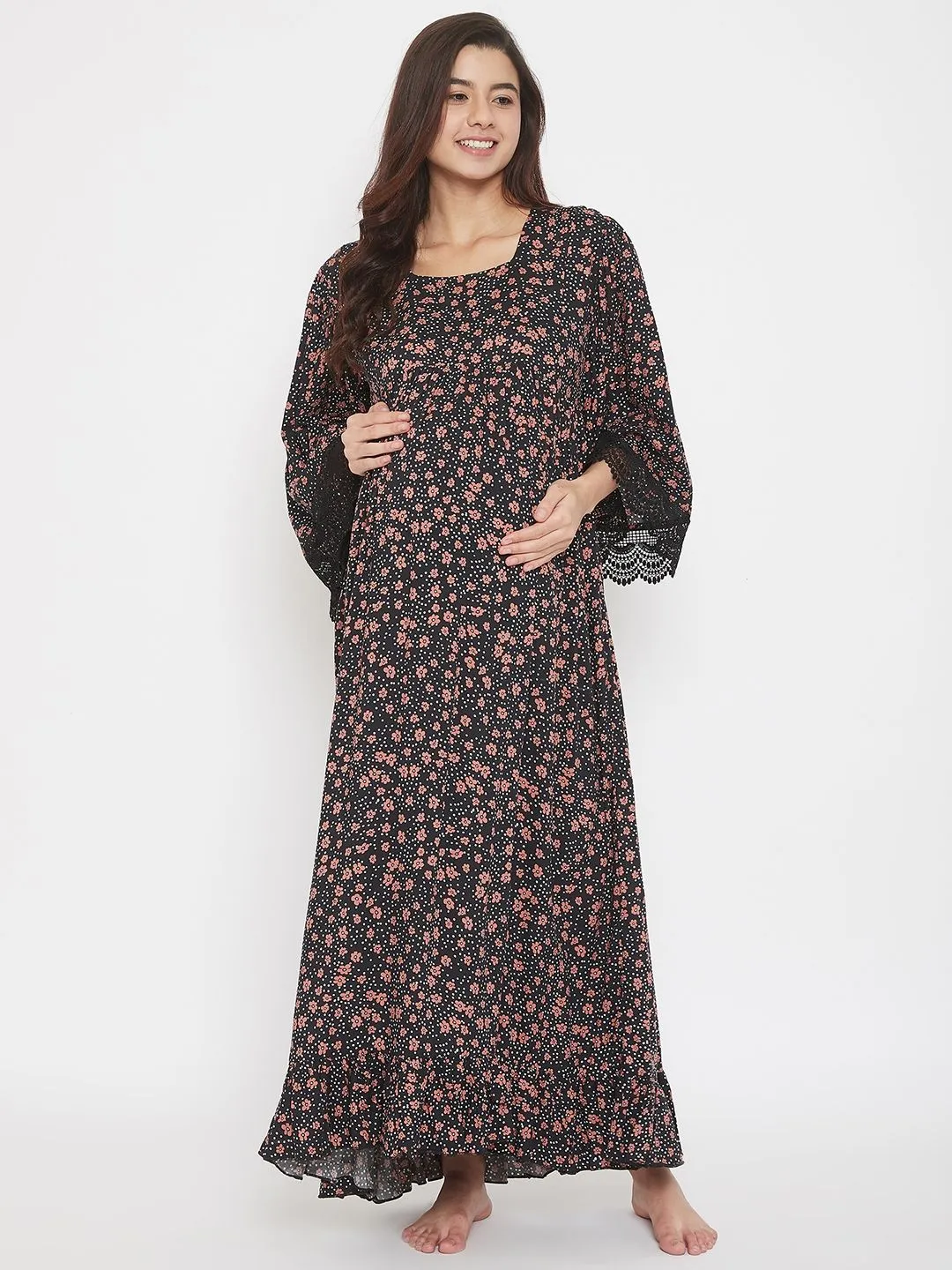 The Kaftan Company Ditsy Floral Maternity And Nursing Nightdress - Black