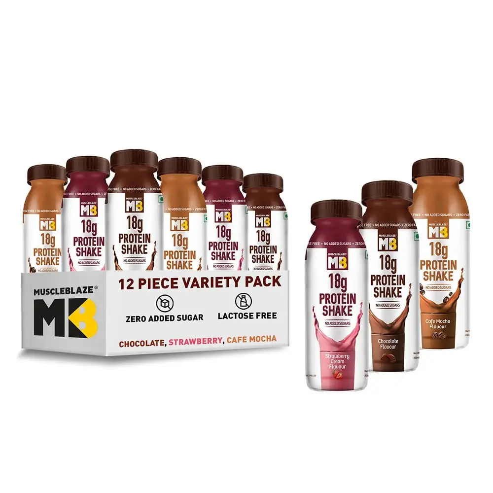 MuscleBlaze 18g Protein Shake (No Added Sugar),  12 Piece(s)/Pack  Chocolate,Strawberry Cream & Cafe Mocha