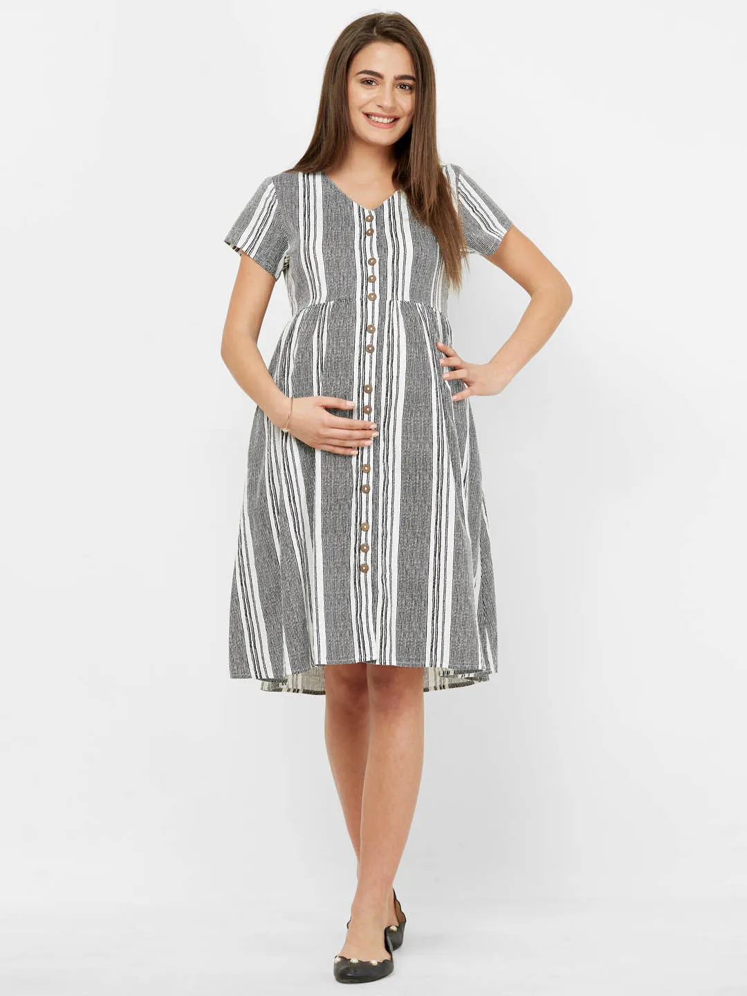 Mystere Paris Classic Striped Maternity Dress - Grey