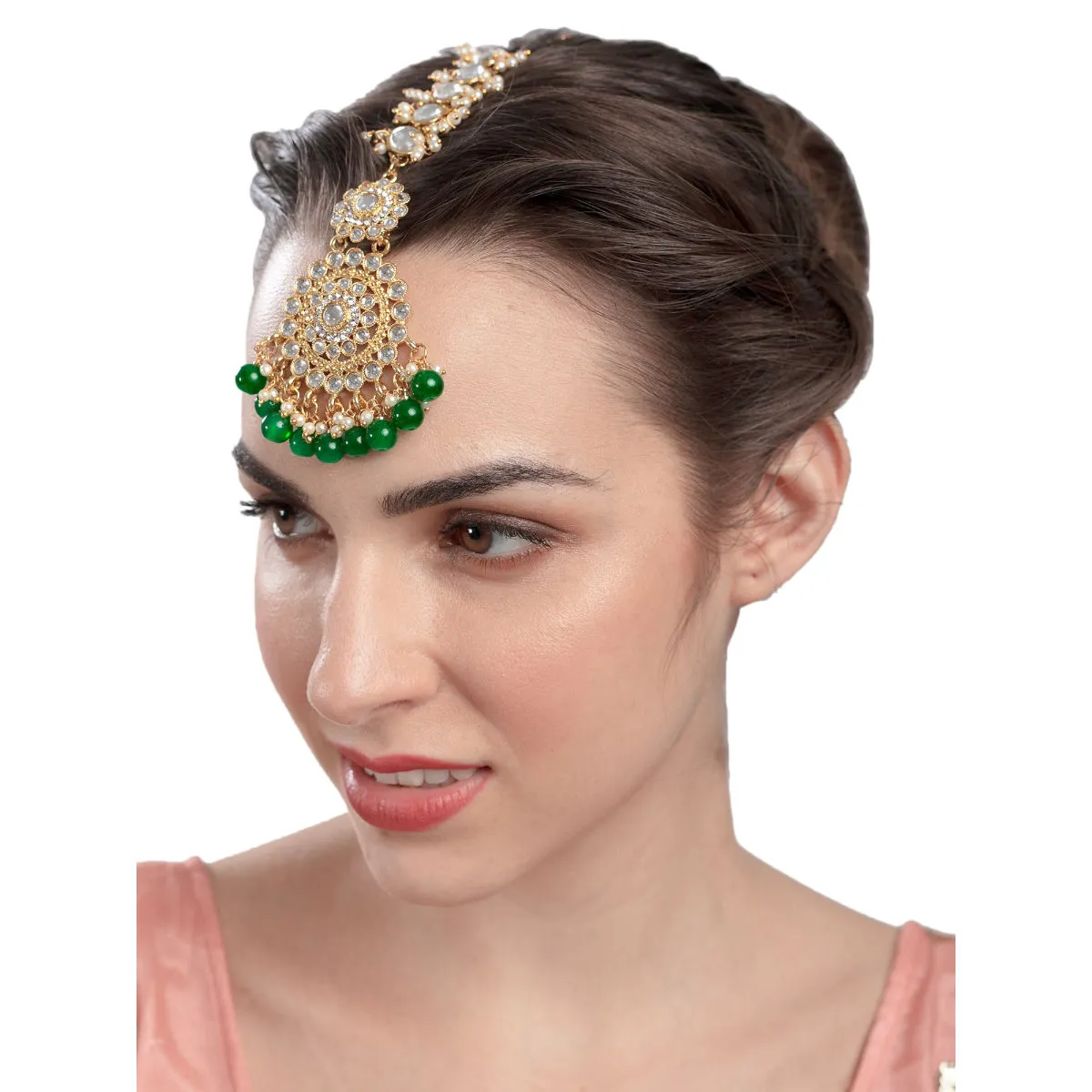 Zaveri Pearls Kundan & Green Beads Wedding Collection Maang Tikka - ZPFK9489