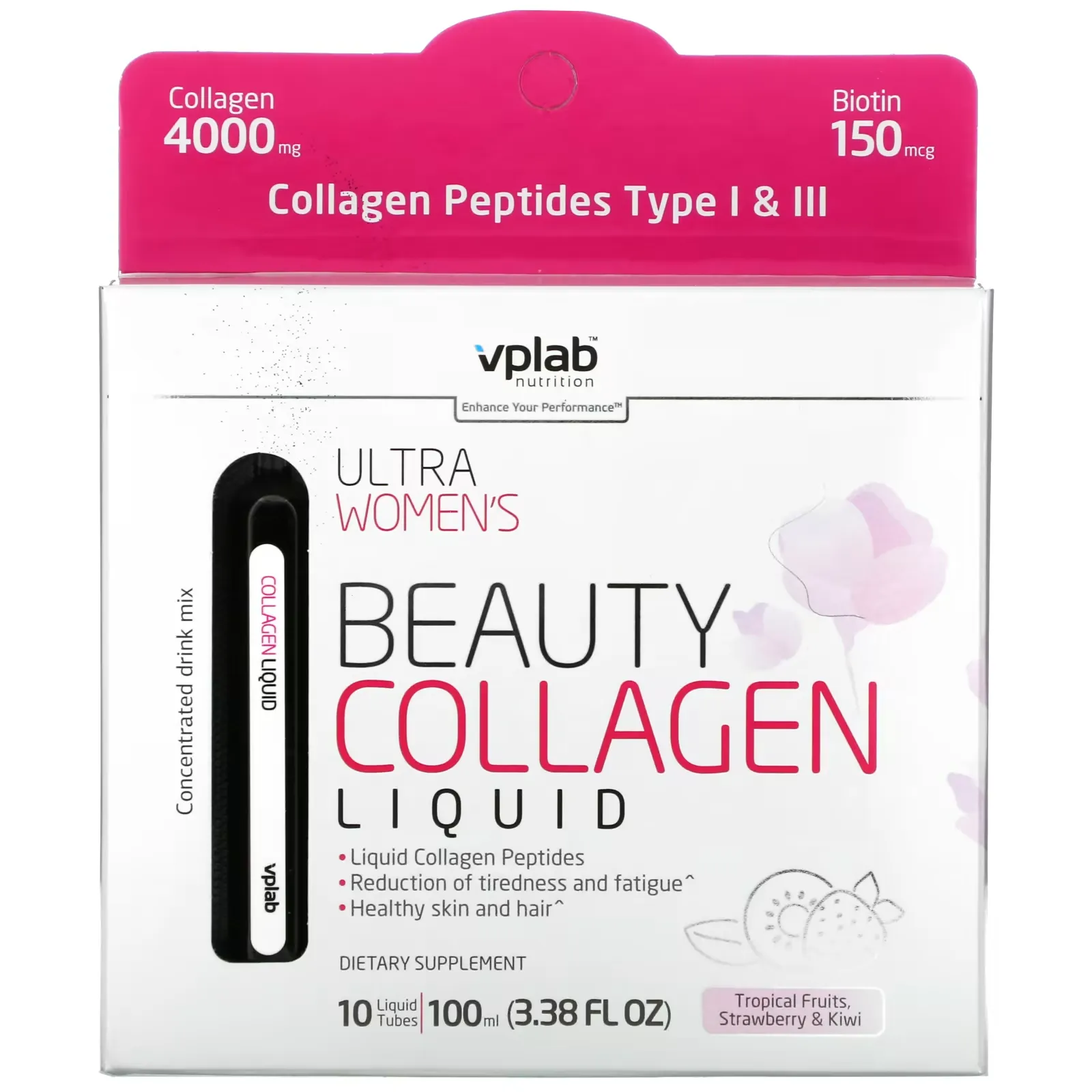 Ultra Women's Beauty Collagen Liquid, Tropical Fruits, Strawberry & Kiwi , 4,000 mg, 10 Liquid Tubes