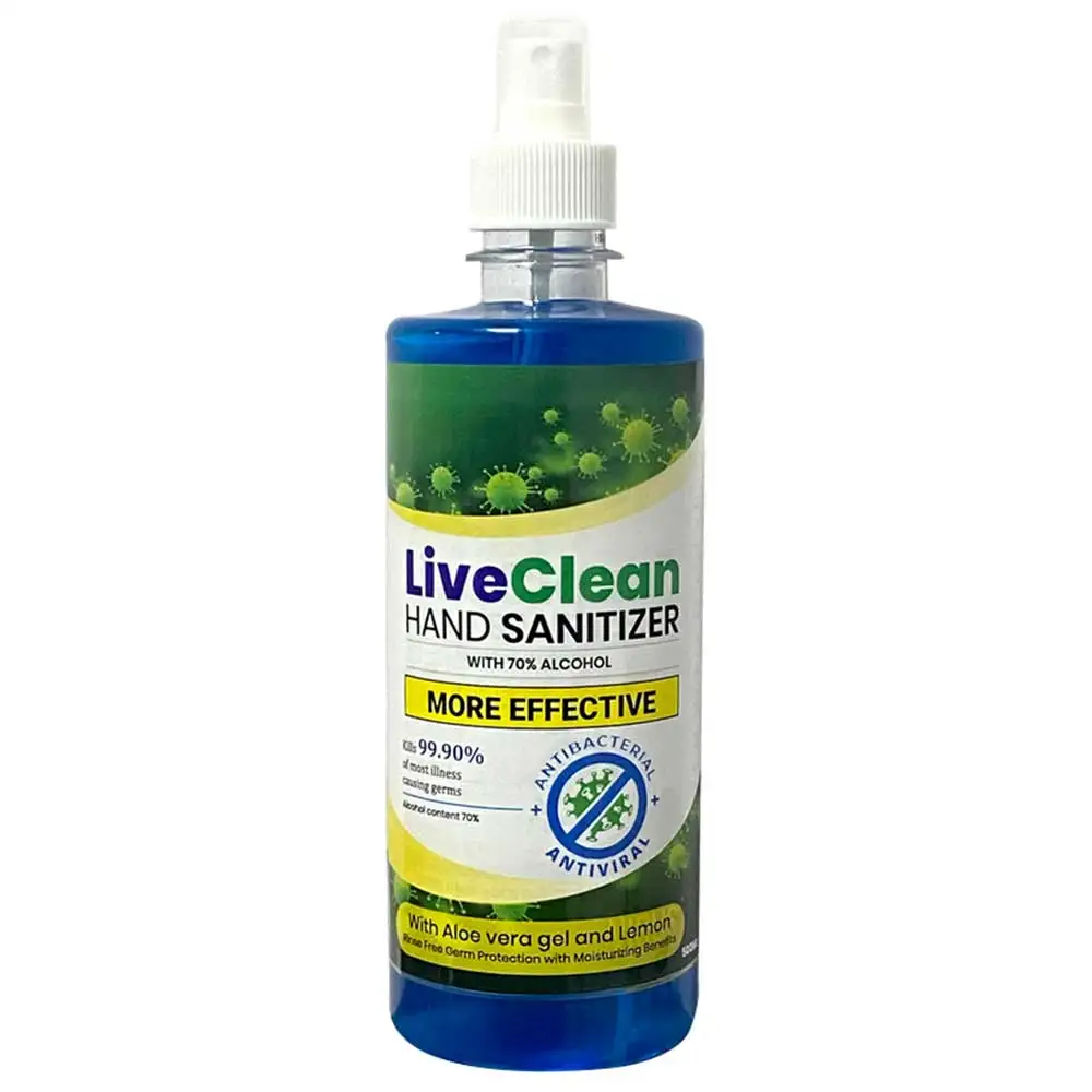 LiveClean Liquid Hand Sanitizer,  Aloe Vera Gel and Lemon  500 ml  70% Alcohol, Spray Bottle