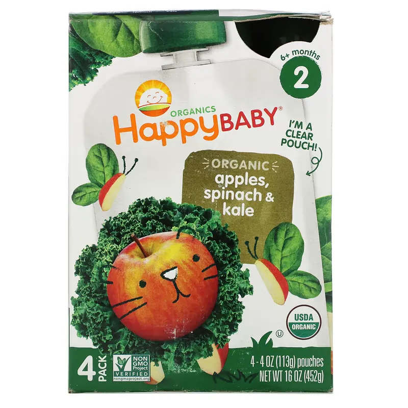 Happy Baby, 6+ Months, Organic Apples, Spinach & Kale, 4 Pouches, 4 oz (113 g) Each