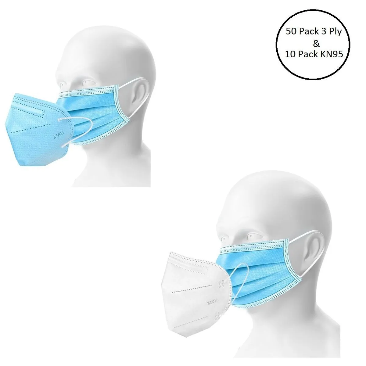 Fabula Unisex Double Mask Set Of 50 Disposable & 10 KN95 / N95 Masks (Blue, White )