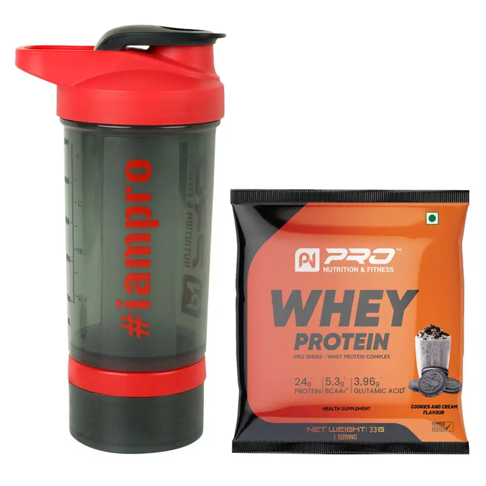 Pro Nutrition & Fitness Shaker with 100% Whey Isolate Protein Cookies & Cream,  Red  500 ml