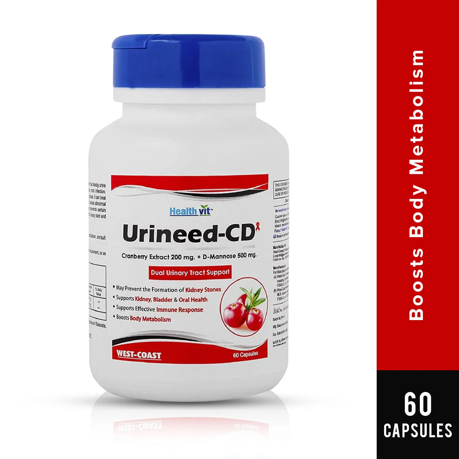 HealthVit Urineed-CD Cranberry Extract 200mg + D-Mannose 500mg 60 Capsules