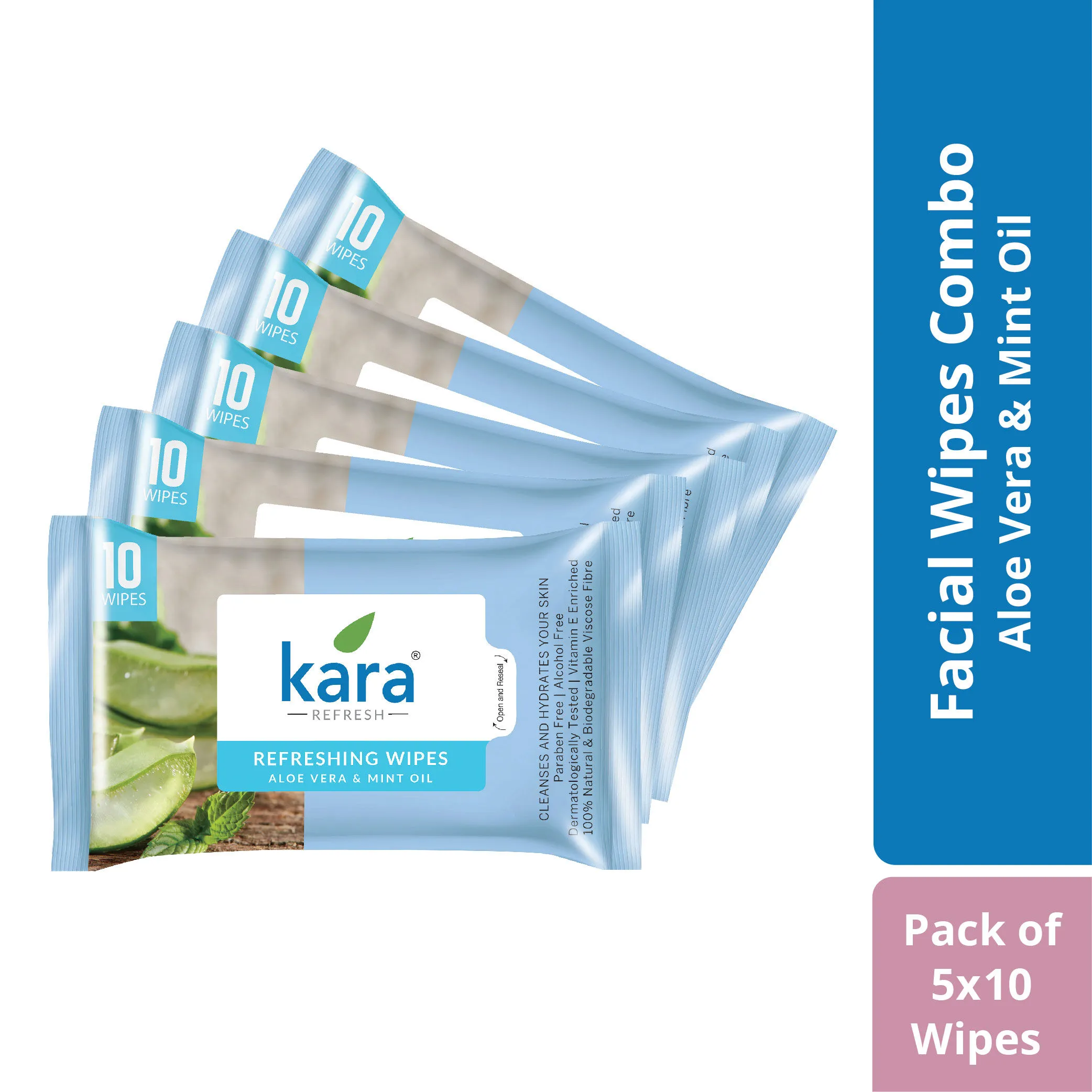 Kara Aloe Vera & Mint Oil Cleansing & Hydrating Face Wipes - Pack of 5