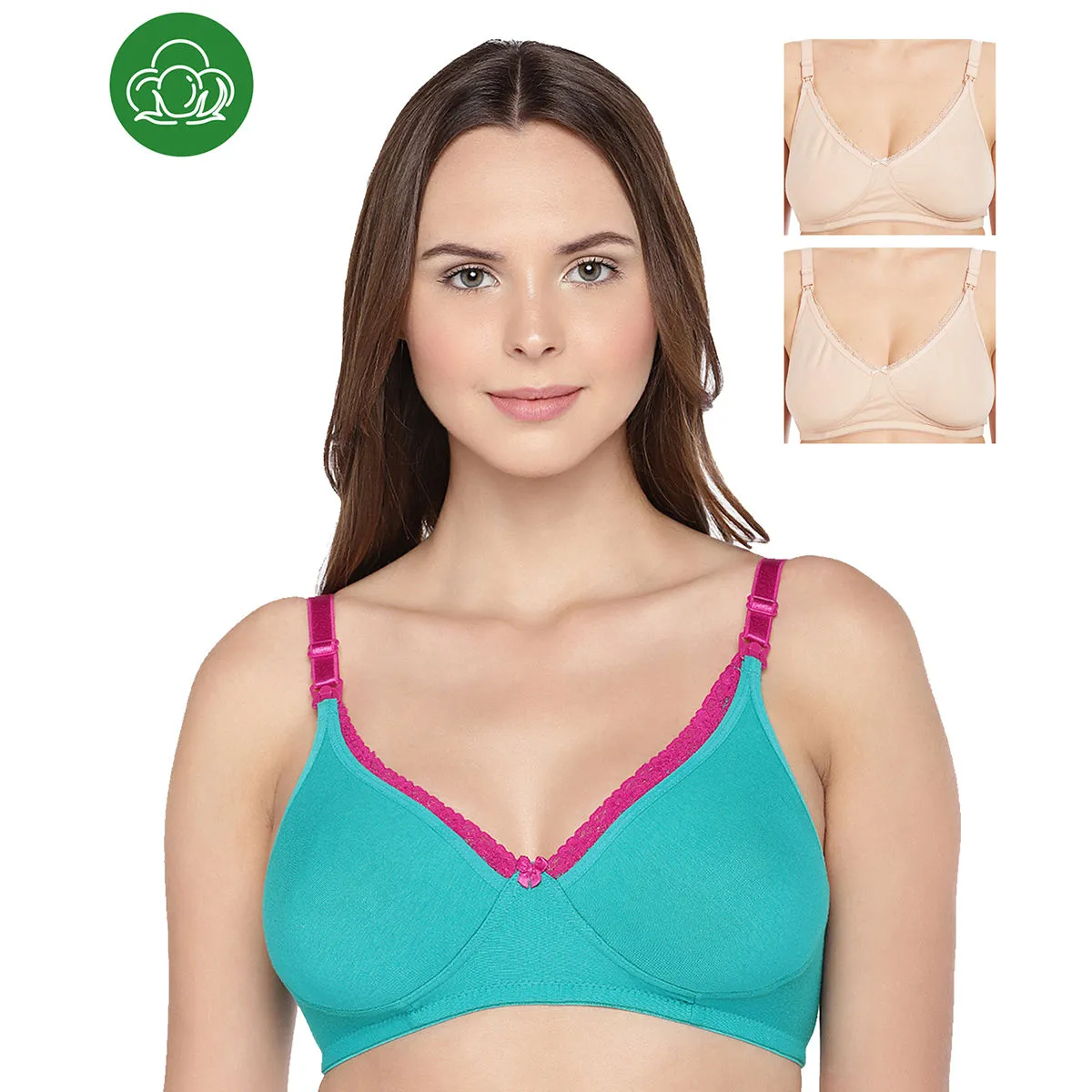 Inner Sense Organic Cotton Antimicrobial Laced Nursing Bra Pack of 3 - Multi-Color