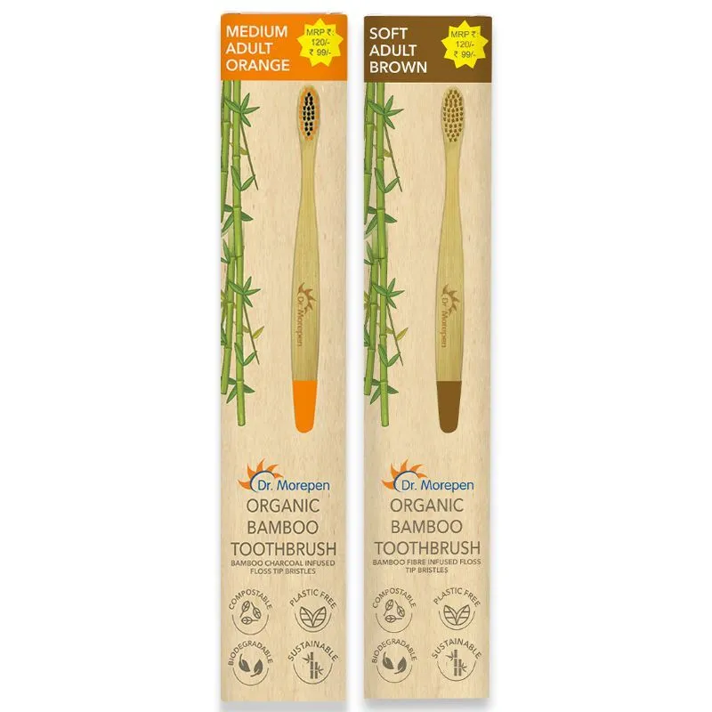 Dr. Morepen Organic Bamboo Toothbrush For Adults - Orange & Brown