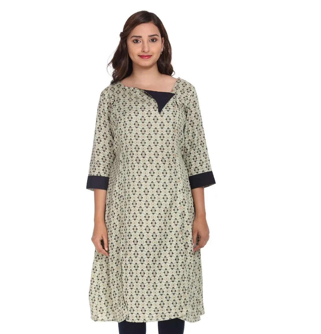 Morph Maternity Elegant Gold Printed Nursing Kurta - Green