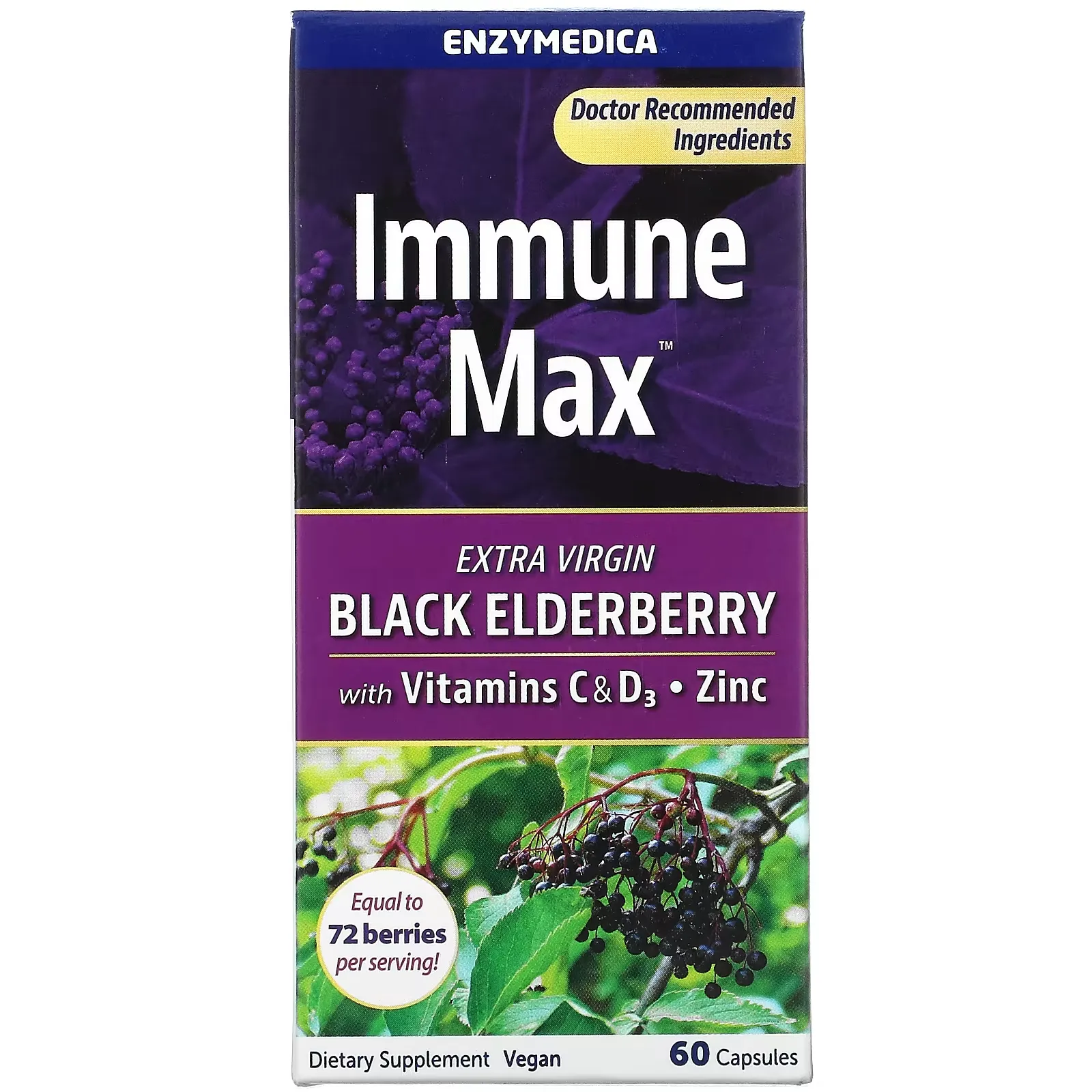 Immune Max, Black Elderberry with Vitamins C & D3, Zinc, 60 Capsules