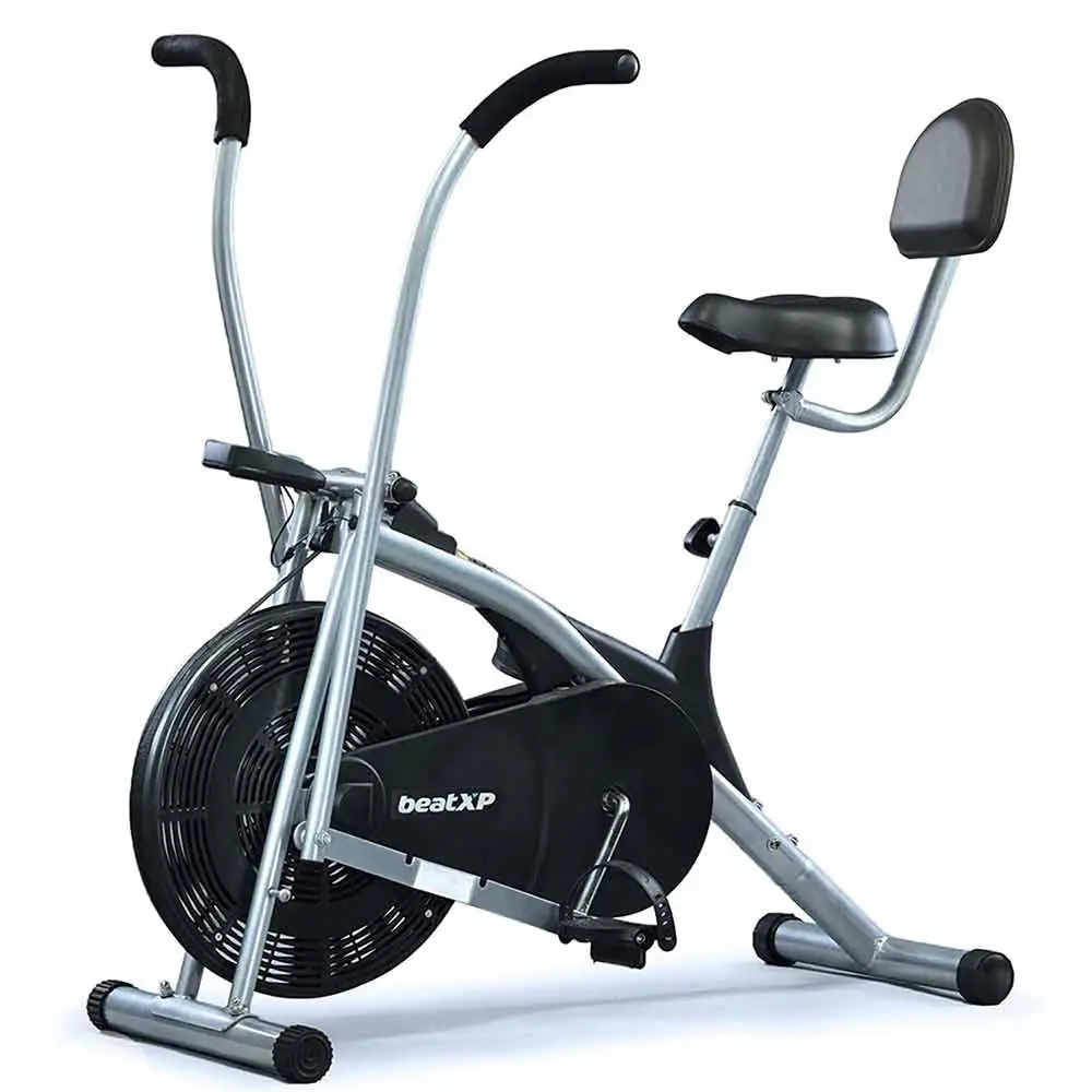 beatXP Typhoon Fitplus 2CM Air Bike Exercise Cycle with Adjustable Cushioned Seat, Moving Handles, Back Support & Curve Frame (Black&Grey)